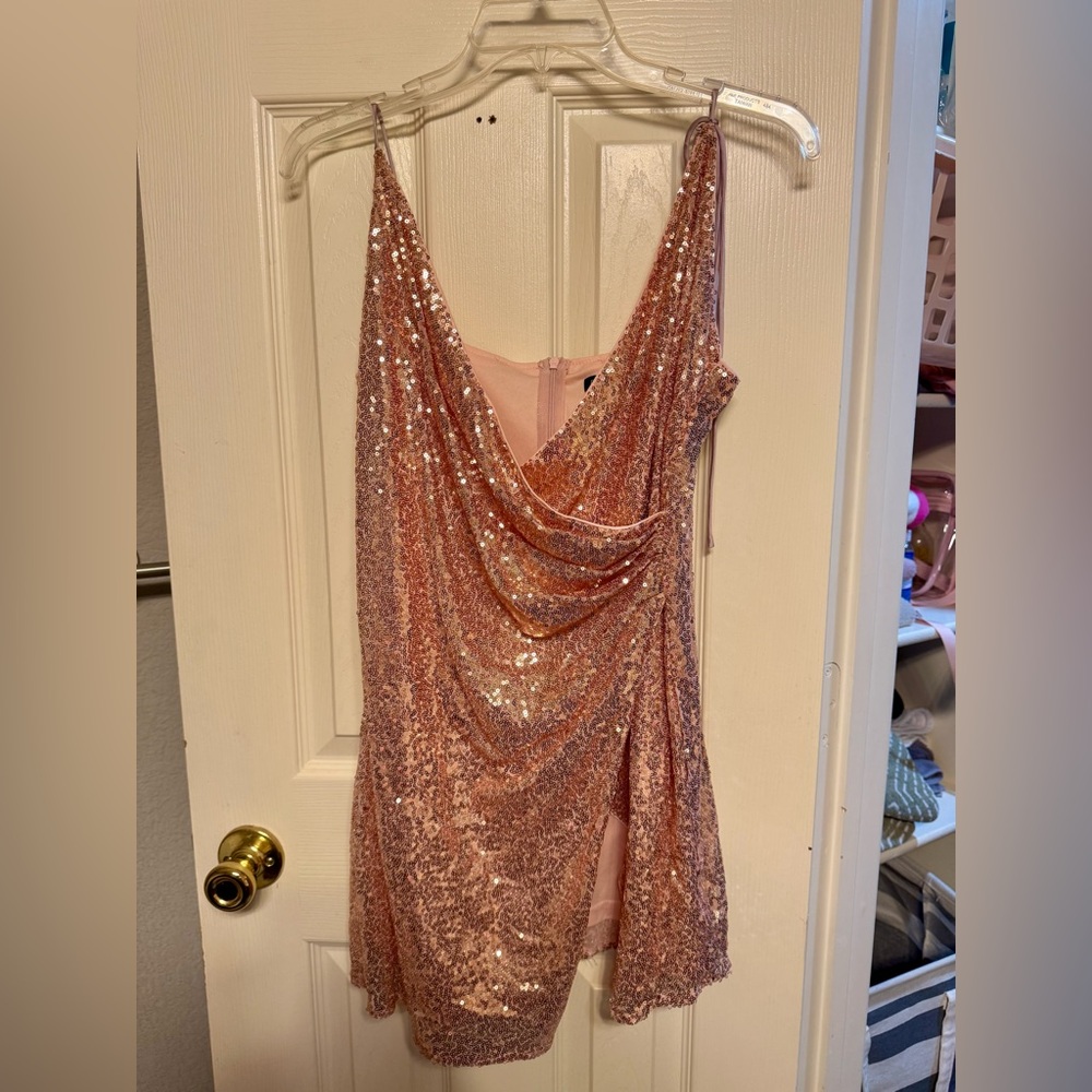 Surplice Neck Tie Shoulder Wrap Hem Sequins Dress - Picture 2 of 7